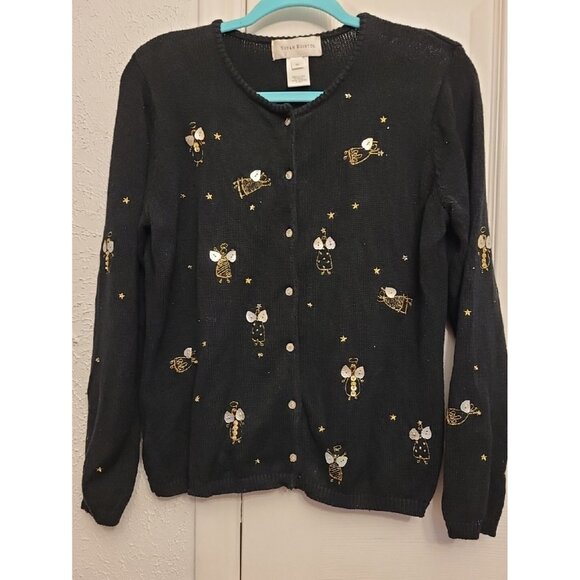 VTG Susan Bristol Embroidered Angel Black Cardigan Sweater SZ Med Christmas 2005 - Picture 1 of 9
